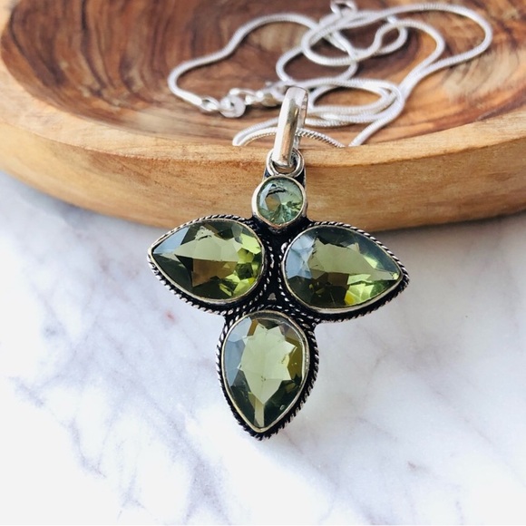 Silver Plated Peridot Blue Topaz Pear Shape Statement Necklace - Picture 2 of 7